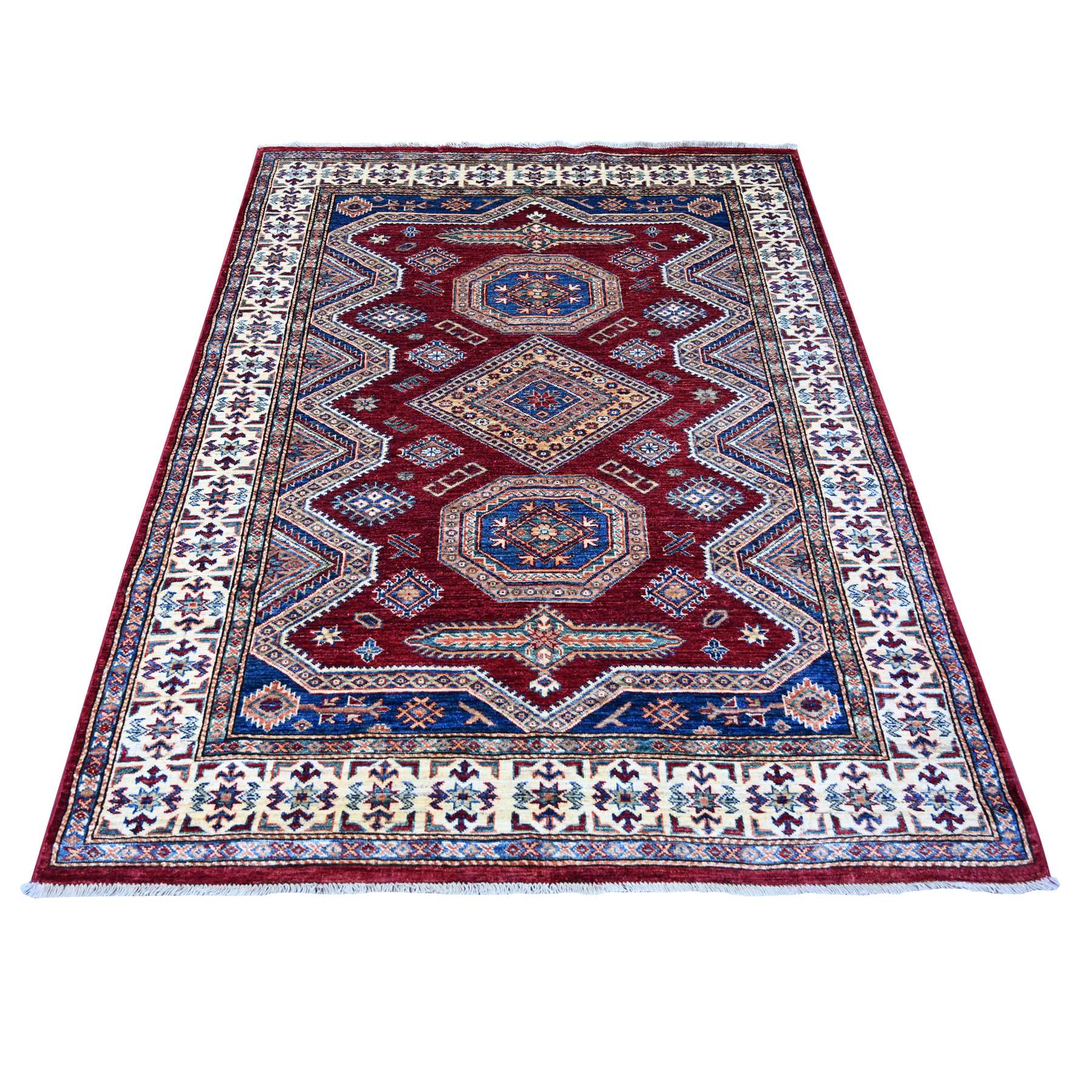 Currant Red, Afghan Super Kazak with Geometric Medallions Design, Hand Knotted, Soft and Shiny Wool, Vegetable Dyes, Oriental Rug